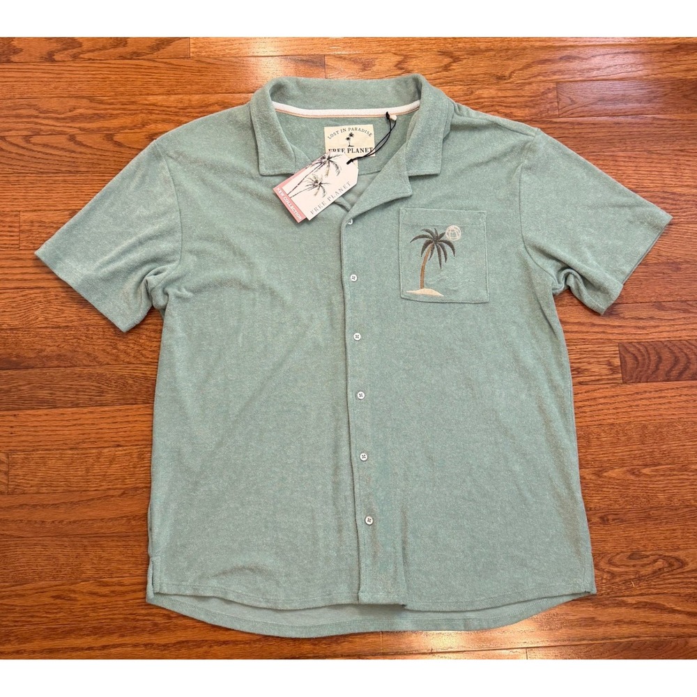 Free Planet Terry Cloth Button-Down Shirt Mens XL Green Beach Palm Pooling Towel